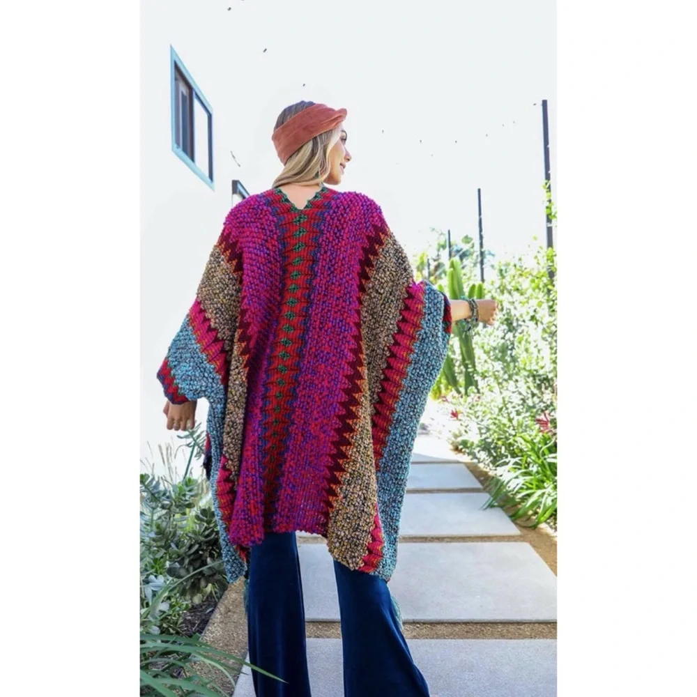 Couture Gypsy | Sweaters | Boho Cobalt Blue Multicolor Tassel Poncho ...